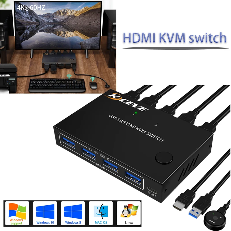 Splitter Adapter EDID/HDCP/ESD support Windows, macOS, Linux USB Switch USB Hub Plug and Play USB3.0 /HDMI KVM Switch 4Kx2K@60Hz