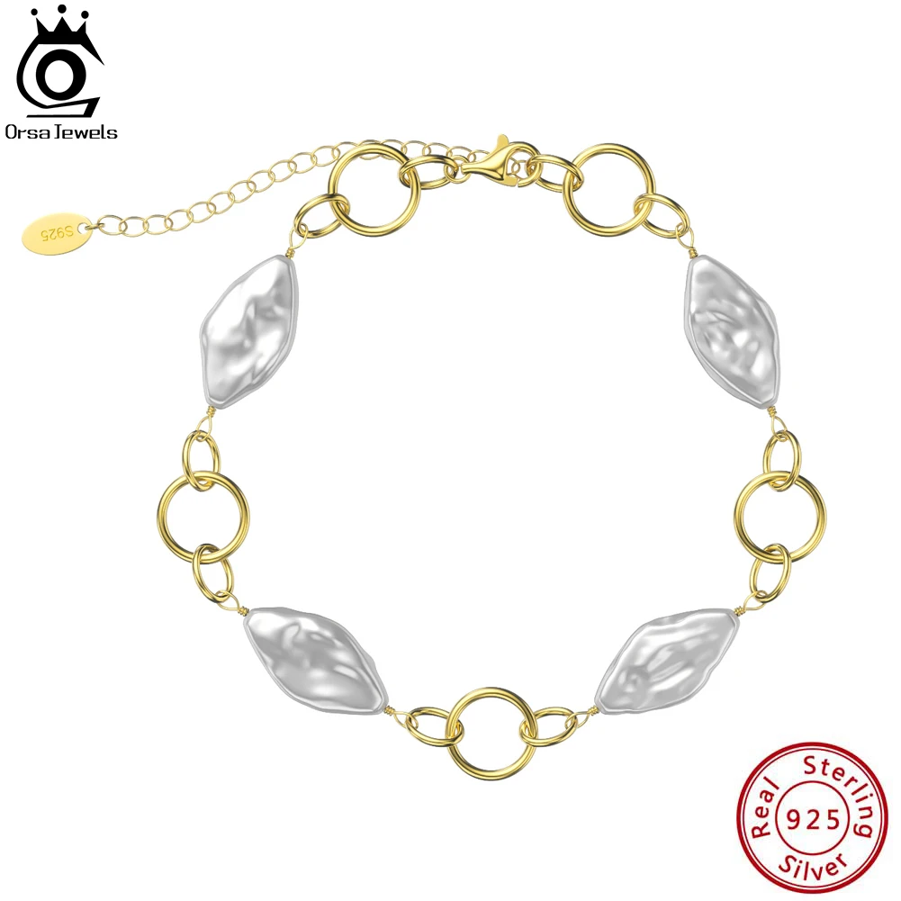 

ORSA JEWELS Natural Pearl Bracele Silver 925 Chain Tiny Diamond Shaped Baroque Pearl Bracelet Sweet Elegant for Women GPB20