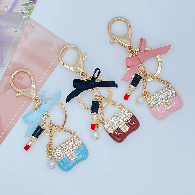 

New Cute Bowknot Lipstick Handbag Keyrings for Women Bag Charm Pendant Creative Alloy Keychains Fashion Key Chains Car Key Ring