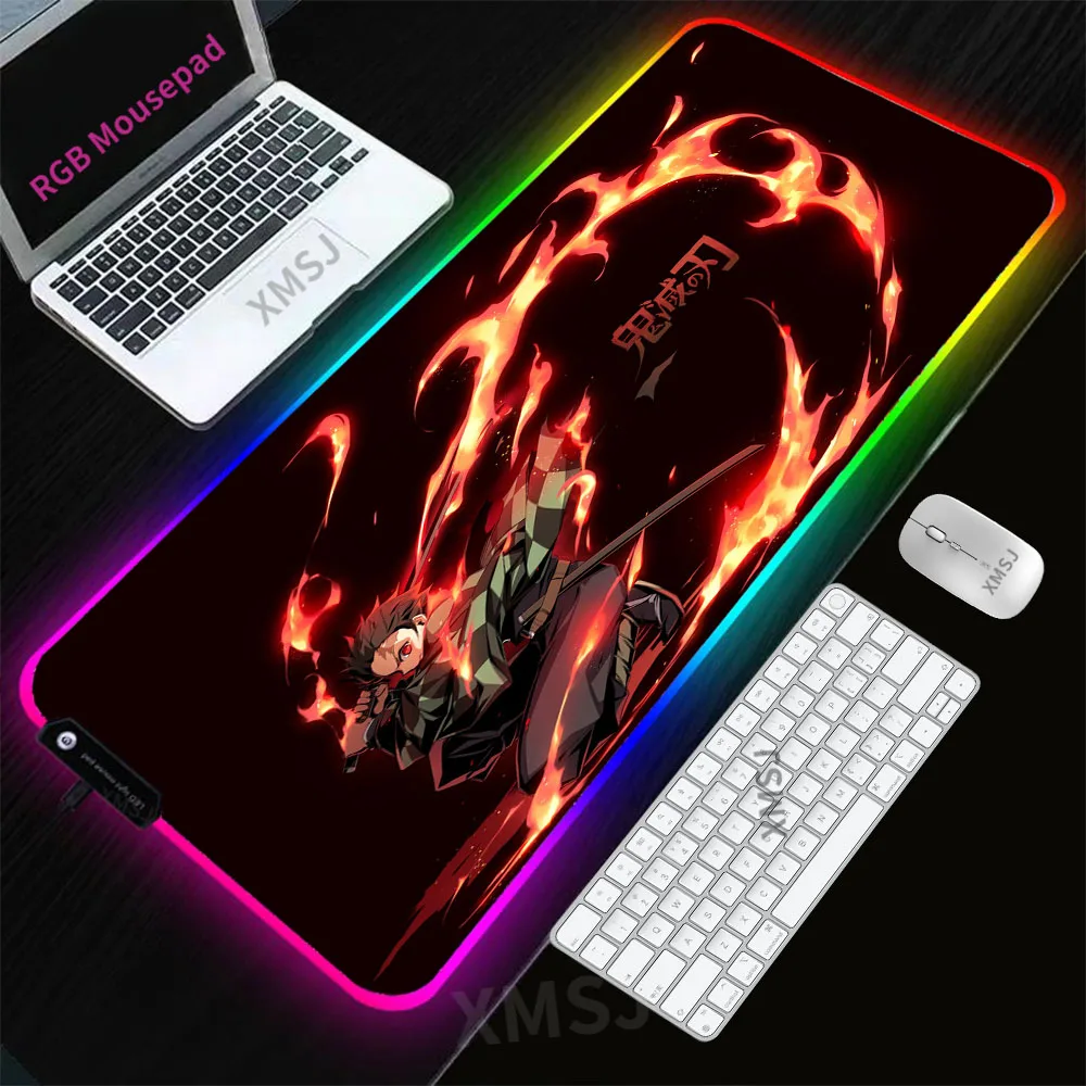 

Anime Demon Slayer Kimetsu No Yaiba LED Light Gaming Mouse Pad RGB Computer Mousepad XXL Lock Edge Mause Pad Keyboard Desk Mat