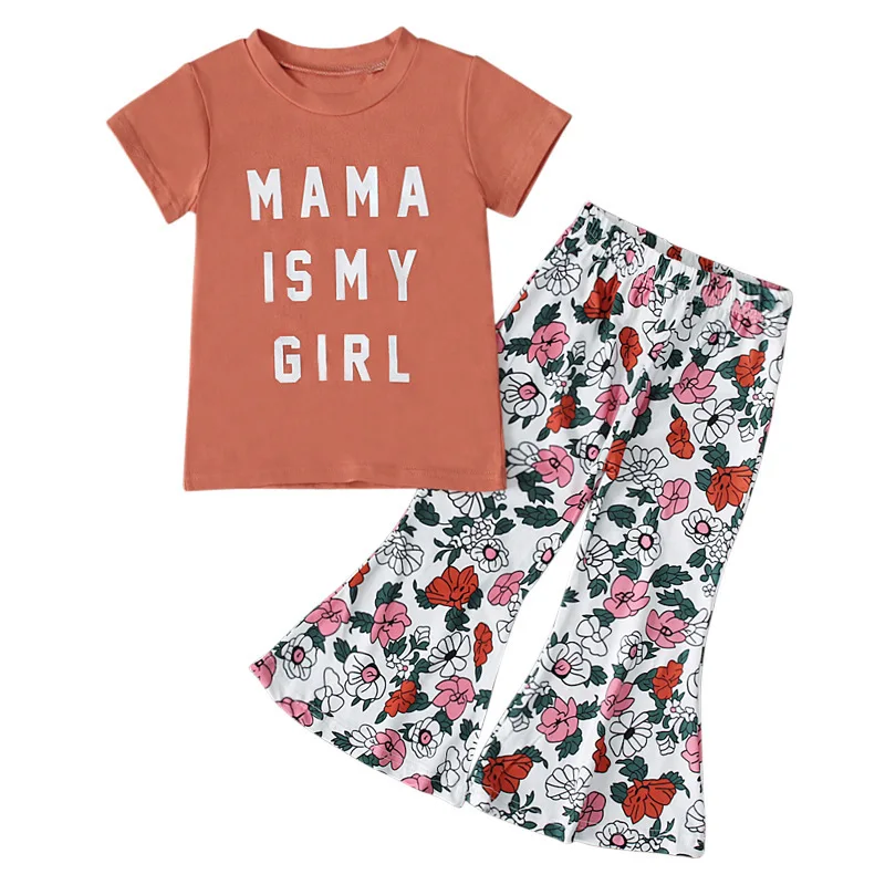 

Summer Girl Set Letter Print T-shirt + Flare Bottom Pants Suits for Kids Children Clothes