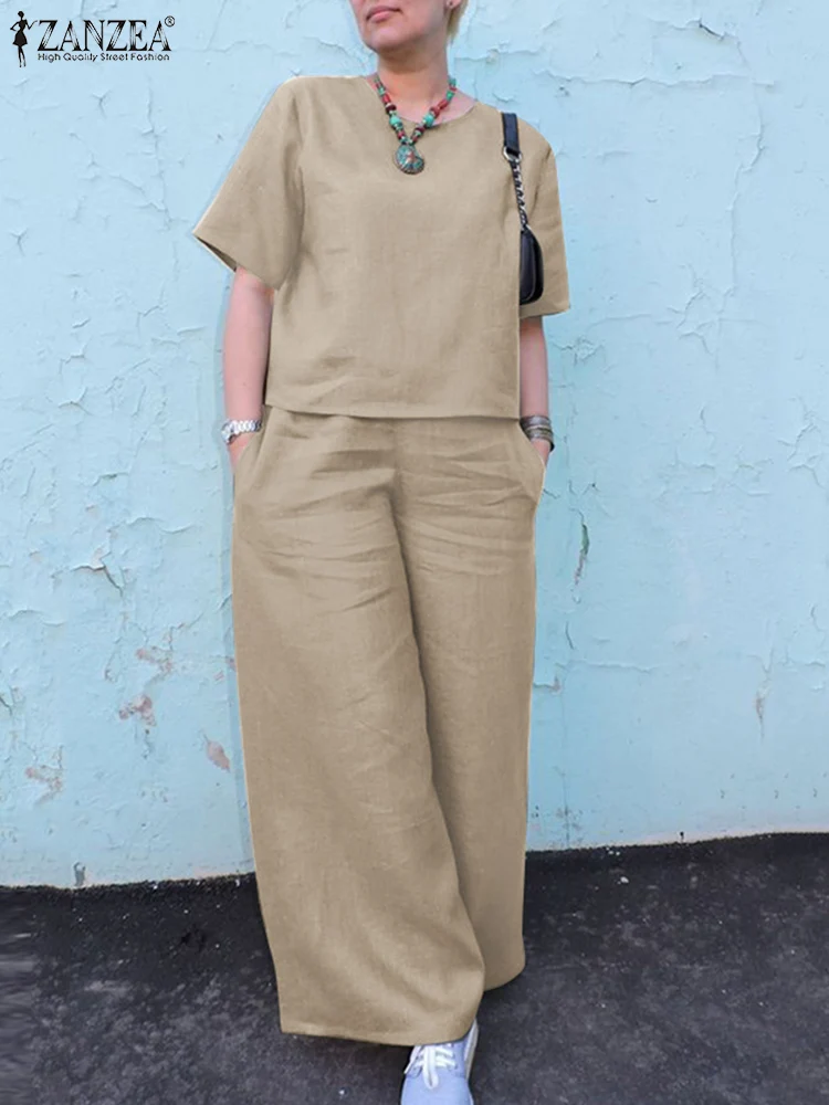 

ZANZEA Fashion Summer Pants Sets 2PCS Women Outifits Short Sleeve Blouse Matching Sets Casual Loose Trousers Suits Tracksuit