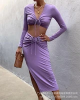 two piece set women skirt long sleeve sexy deep v neck bandage ruched 2022summer festival holiday beach outfits woman club party