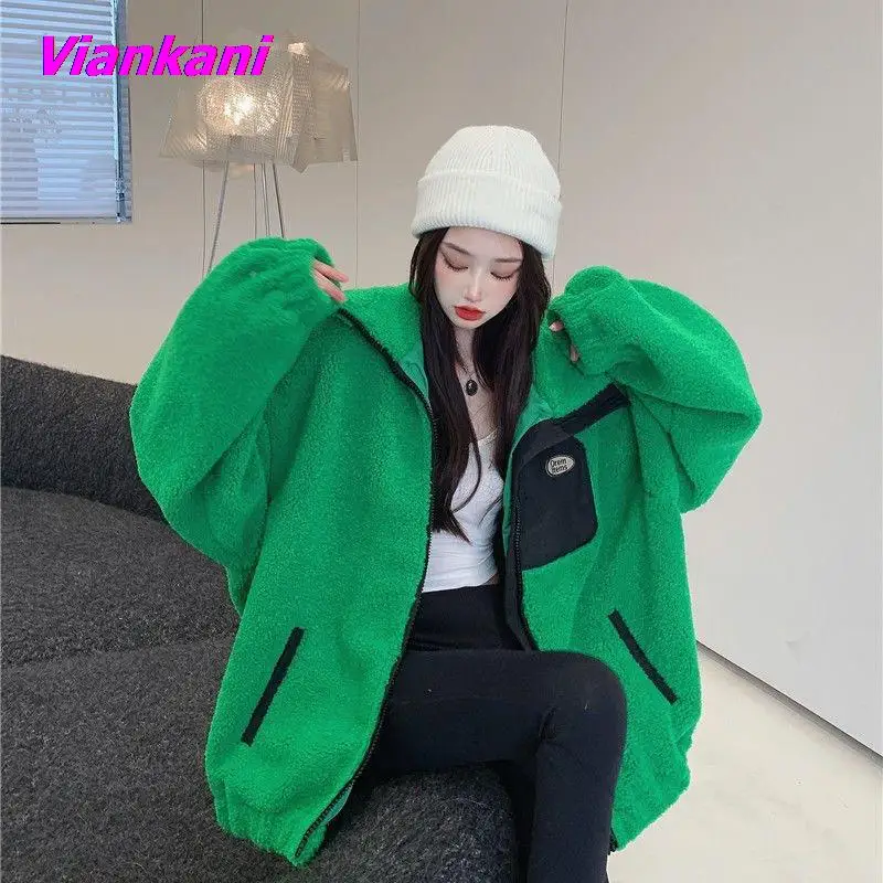 Coat Women's 2022 Autumn New Loose All-match Imitation Lamb Wool Cardigan Women Korean Stand-up Collar Zipper Jackets Top trendy