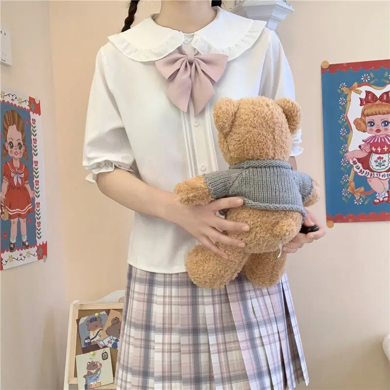 

Japanese Sweet Lolita Style Blouses Women Kawaii Peter Pan Collar JK Shirts Girls Cute Ruffles Short Puff Sleeve Blusas Mujer