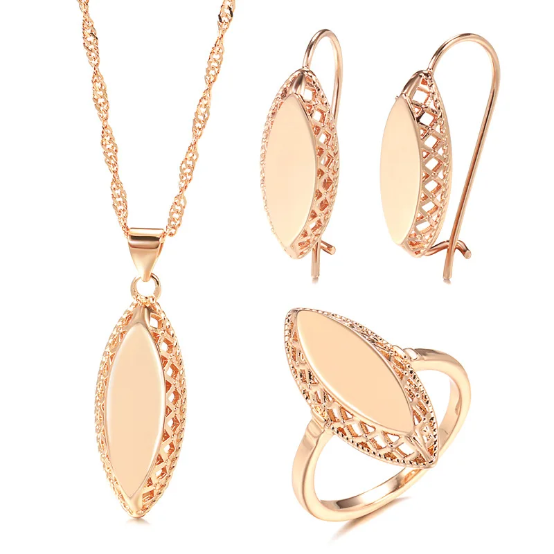 

2022 Glossy Necklace Earrings Ring Set For Lady 585 Rose Gold Simple Weaving Rhombus Women Jewelry Sets Fashion Gift Wholesale