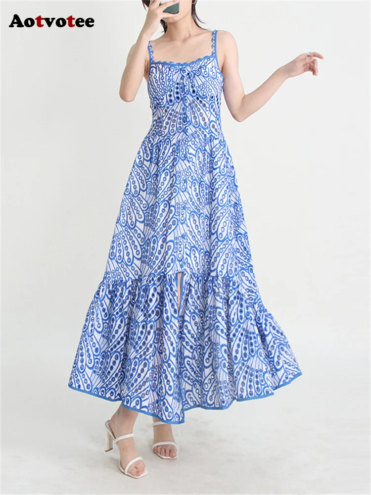 

CHUU Korea Aotvotee Spaghetti Strap Dress for Women 2023 New Fashion Fairycore Print Ruffle Midi Dress Vintage Hollow Out Embroi