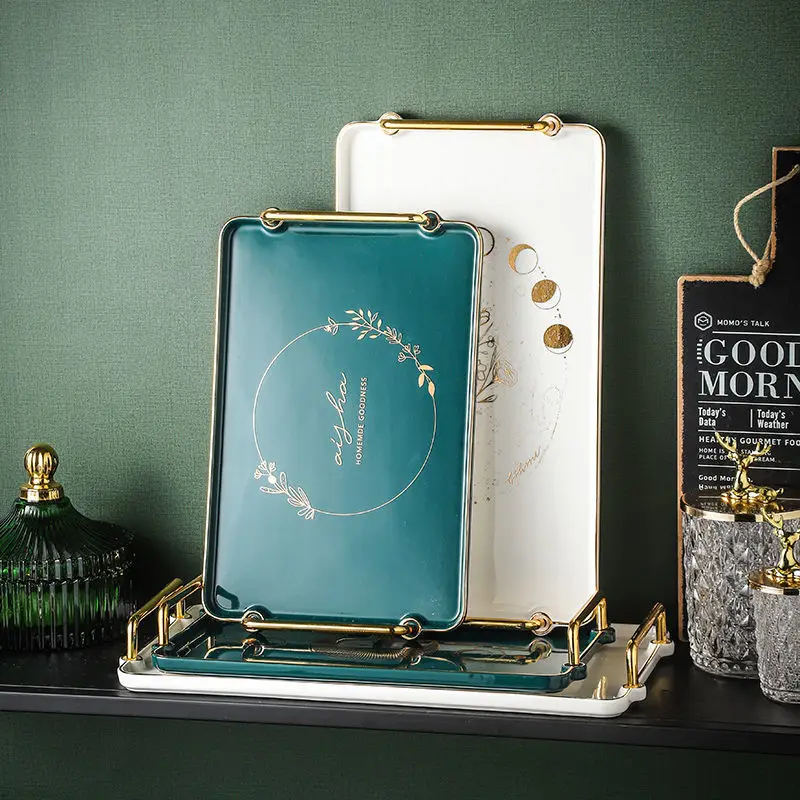 

Nordic rectangular luxury tray for household tea cups kettles, jewelry, coffee cups, ceramic exquisite trays plates ceramic juul