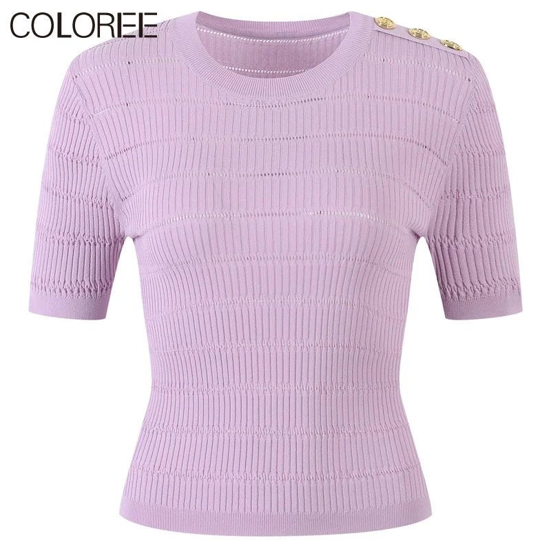 Luxury Designer B Button Tops for Women 2022 Summer Casual O-neck Short Sleeve Knitted Sweater Mujer White Black Pill Femme