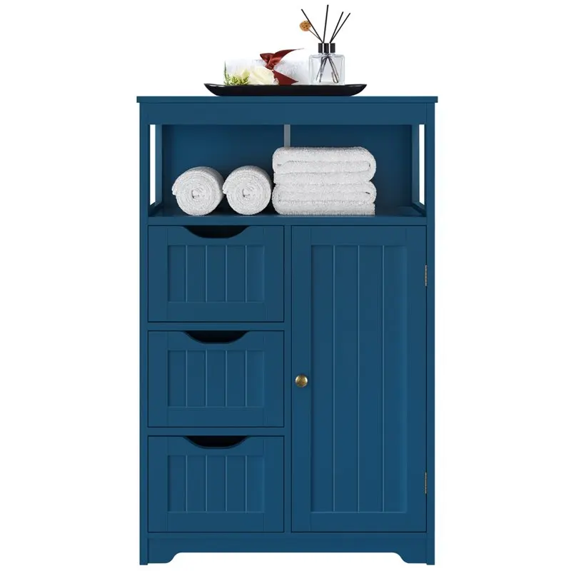 

Fashionable, Modern Navy Blue Multiple Tiers Bathroom Floor Cabinet, Numerous Shelves & Drawers, Perfect Storage Organizer Solut
