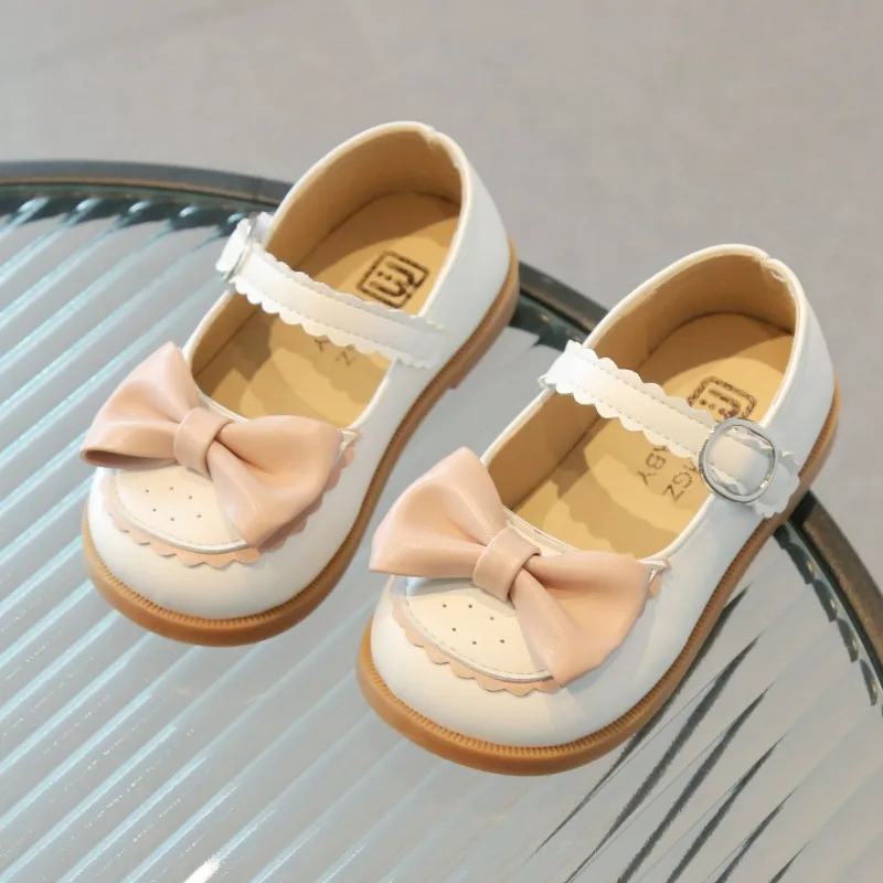 

Children's Autumn New Round Head Non slip Casual Small Leather Shoes for Girls Bow Soft Sole Shallow Mouth Princess Single Shoes