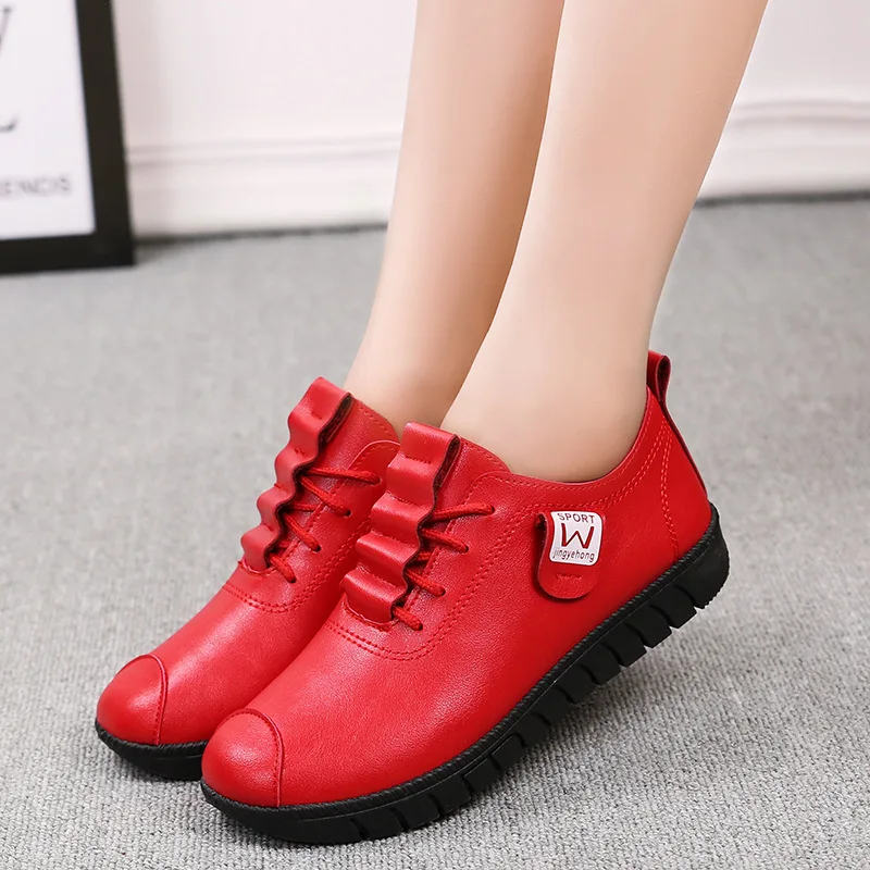 

New Style Women Shoes New Arrival Spring Lace-up Pleated Genuine Leather Flats Shoes Rubber Lace-up Female Shoes Feminino