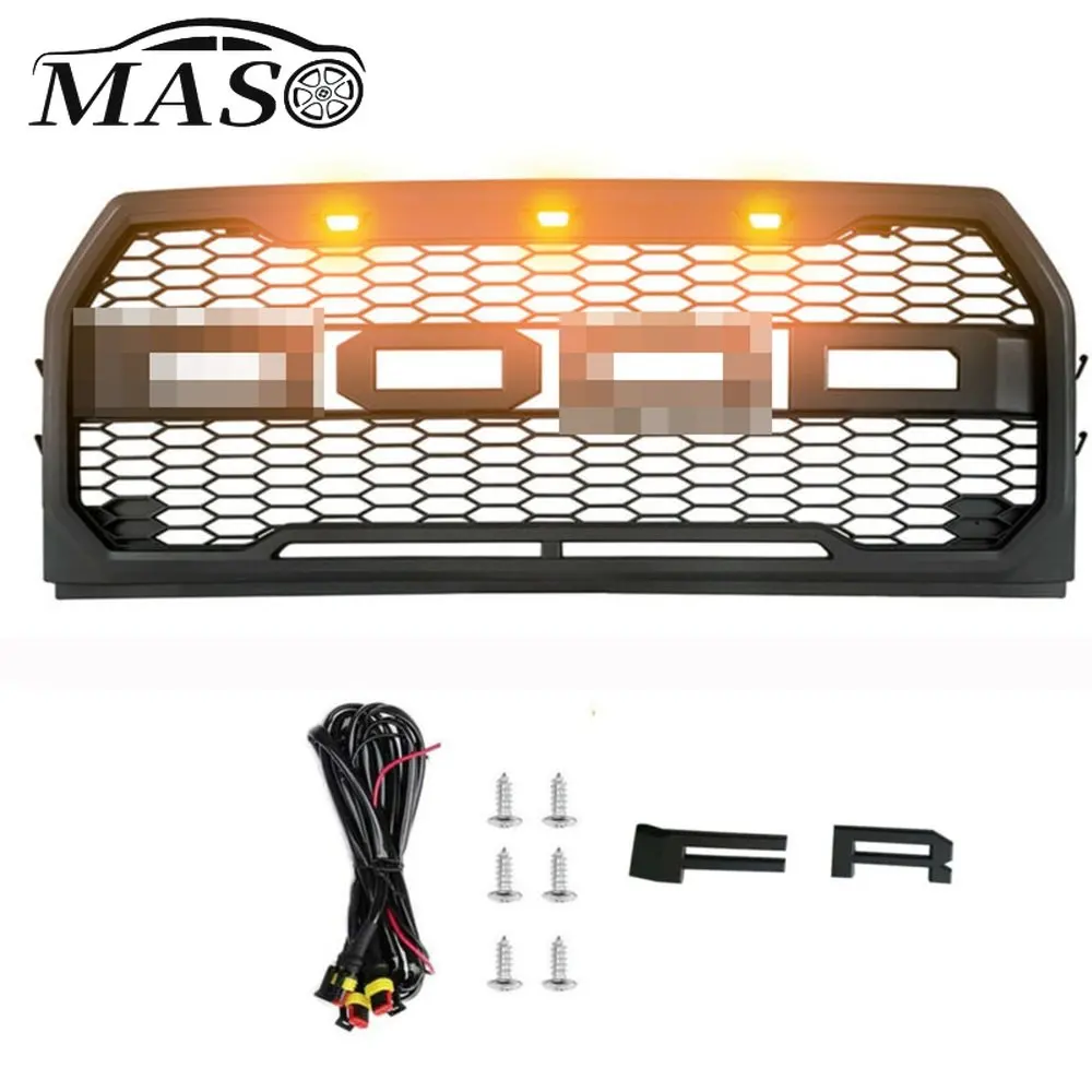 

For Ford F-150 2015-2017 Car Front Bumper Grille Front Mesh Grille with Amber LED Lights