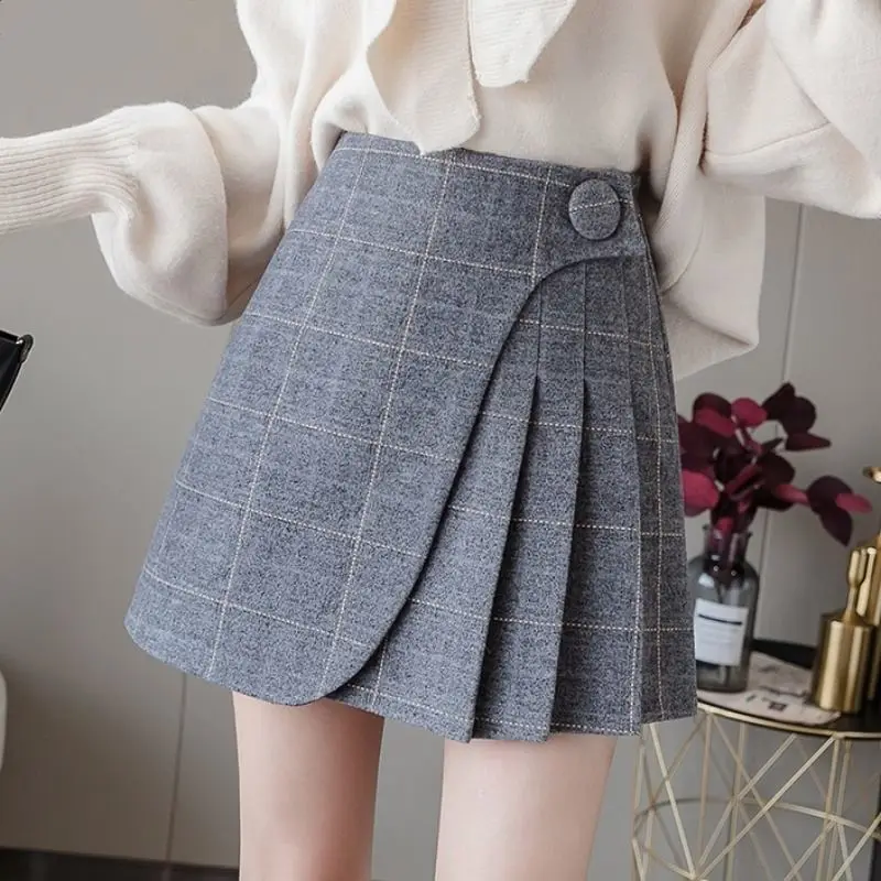 

Женская Асимметричная трапециевидная юбка с завышенной талией, Клетчатая Шерстяная плиссированная короткая юбка в Корейском стиле, весна-...