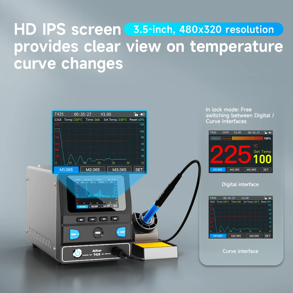 Фото Цифровая паяльная станция высокой мощности Aixun T425 250 Вт 90-550 ° C с кривой температуры в реальном времени, насадками C245 и дизайном защиты от помех №5