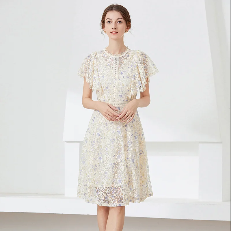

New Summer Short Sleeved Women Lace Dress Fashion Casual O-Neck Hollow Out Vintage Dresses Female Clothing Vestidos