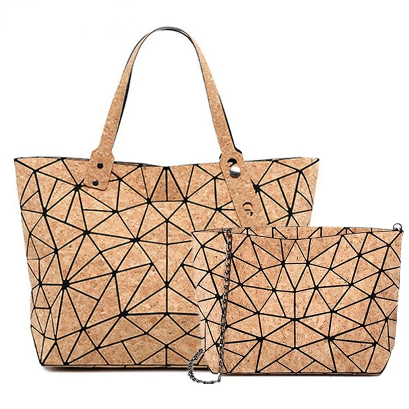 

Fashion brand female shoulder bag 2pcs set Cork large-capacity Women's Handbag New geometric diamond wood grain chain tote bag