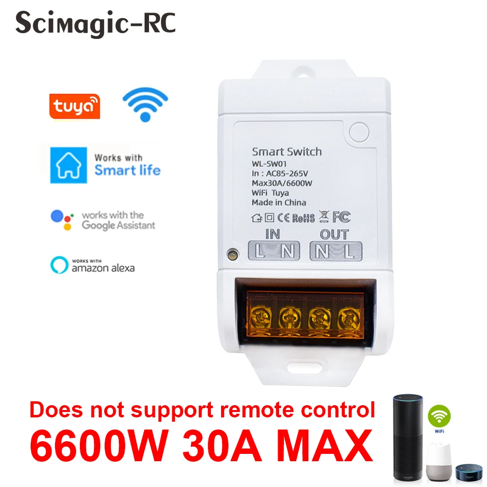 

TUYA 30A WIFI Смарт-переключатель Реле 220V 6600W Входной выход On Off Breaker Приложение Пульт дистанционного управления Работа для Alexa Google Home