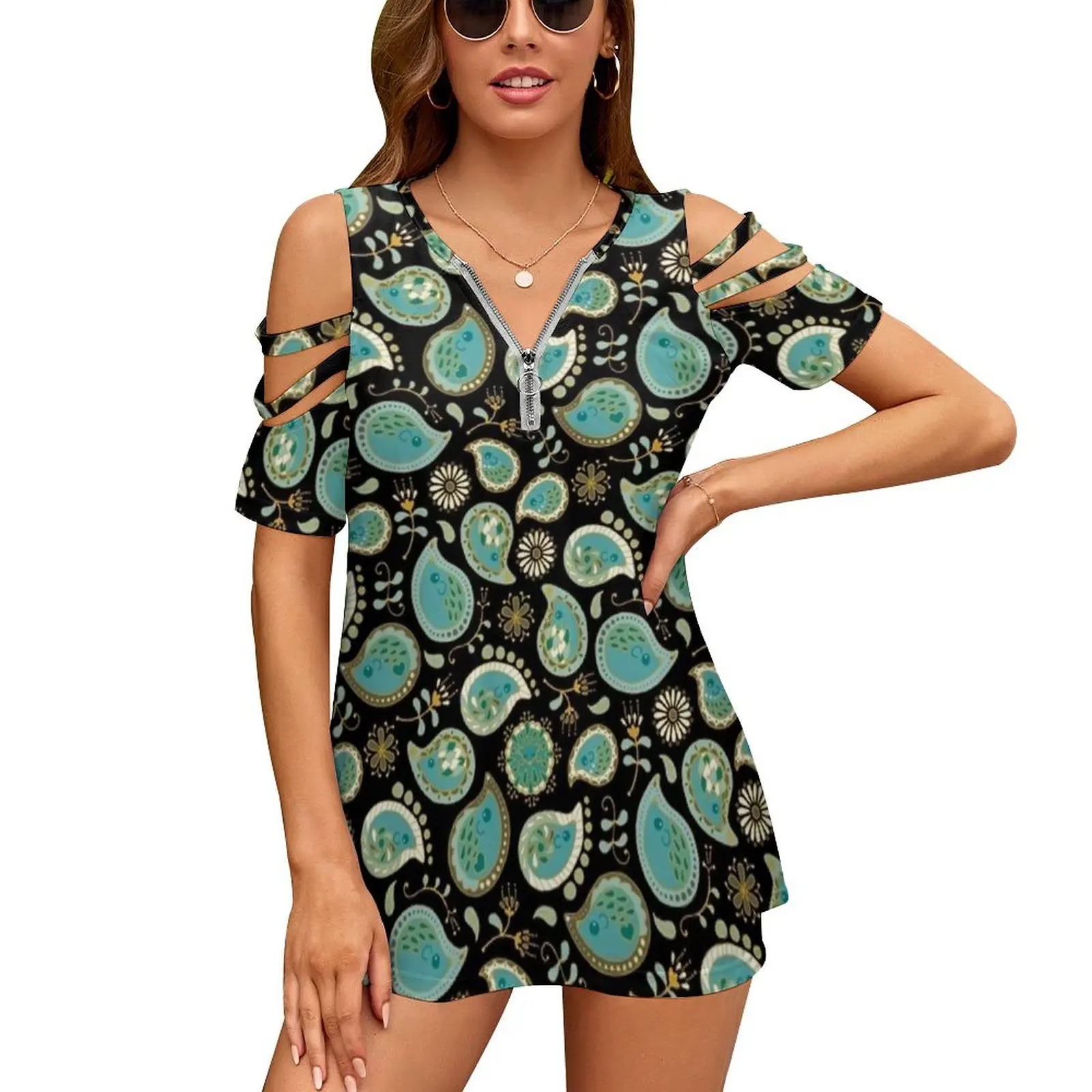 

Hedgehog Paisley _ Teal Bgblack New Fashion Zip Off Shoulder Top Short-Sleeve Women Shirt Hedgehogs Hedgehog Cashmere Flowers