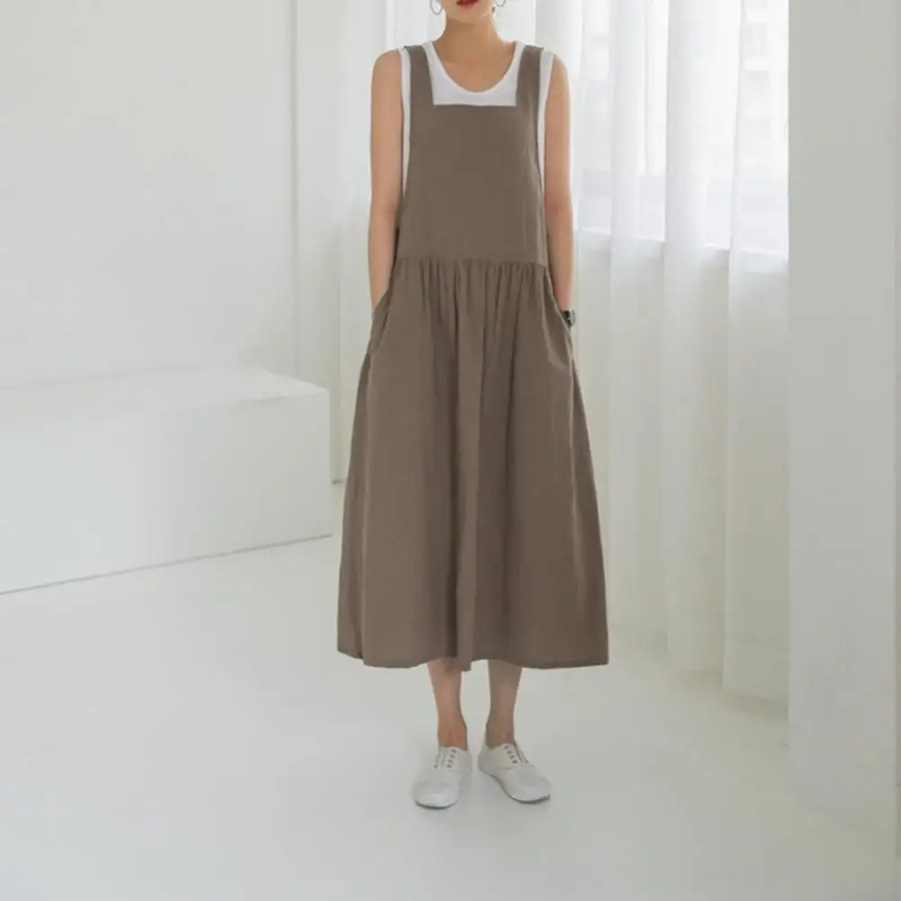 

1Pc Dress Women Summer 2023 Loose Square Neck Pleated Solid Color Match T-shirt Big Hem Dress Women Clothes Vestidos