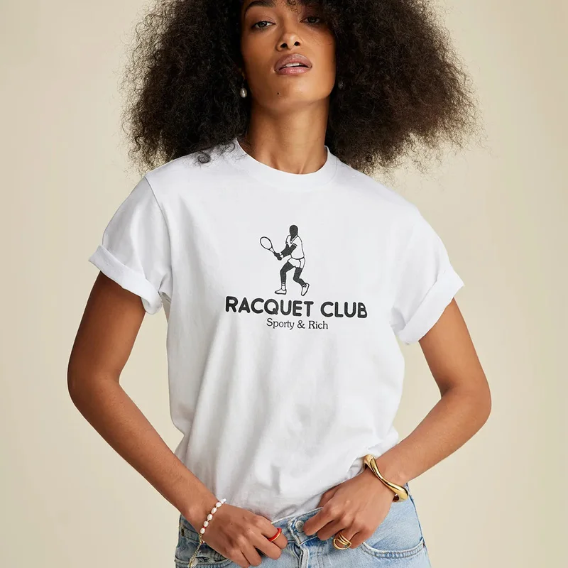 

Женская футболка с коротким рукавом, белая хлопковая Футболка в стиле ретро с принтом клуба ракетки, лето 2023