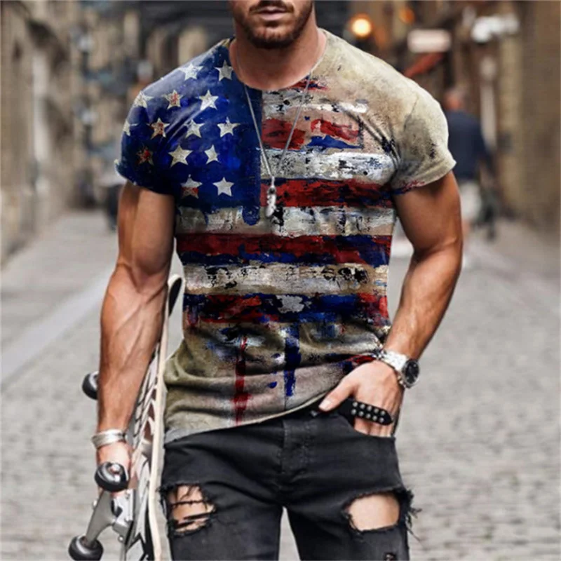 

2022 Men's T-shirt American Flag 3D Printing T-shirt Summer Round Neck Oversize Muscle Streetwear Clothing Tshirts Men Camiseta
