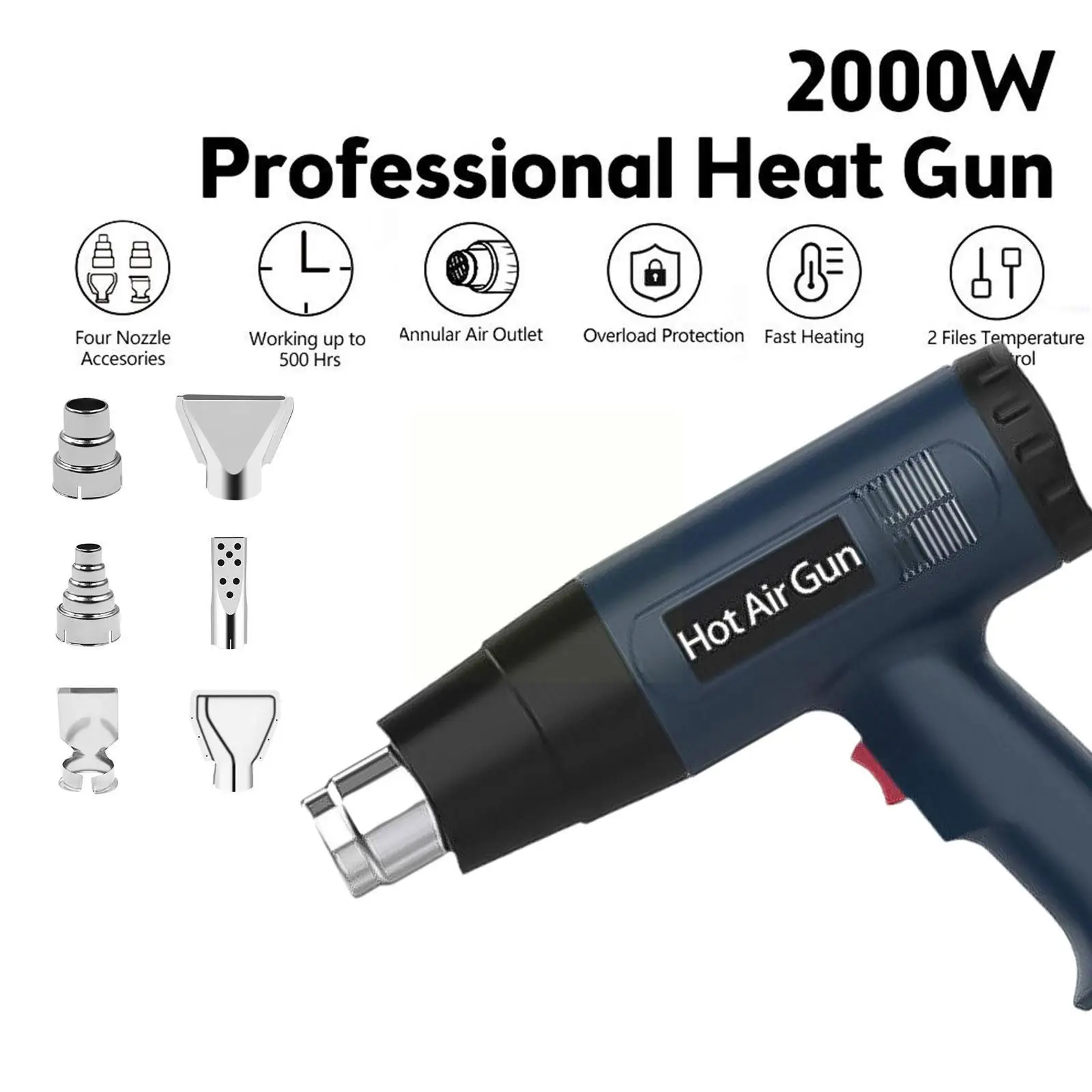 

2000W Heat Gun Professional Hot Air Gun Adjustable Temperature 60-600 D 4 Nozzles for DIY Stripping Paint Shrinking PVC and R4M4