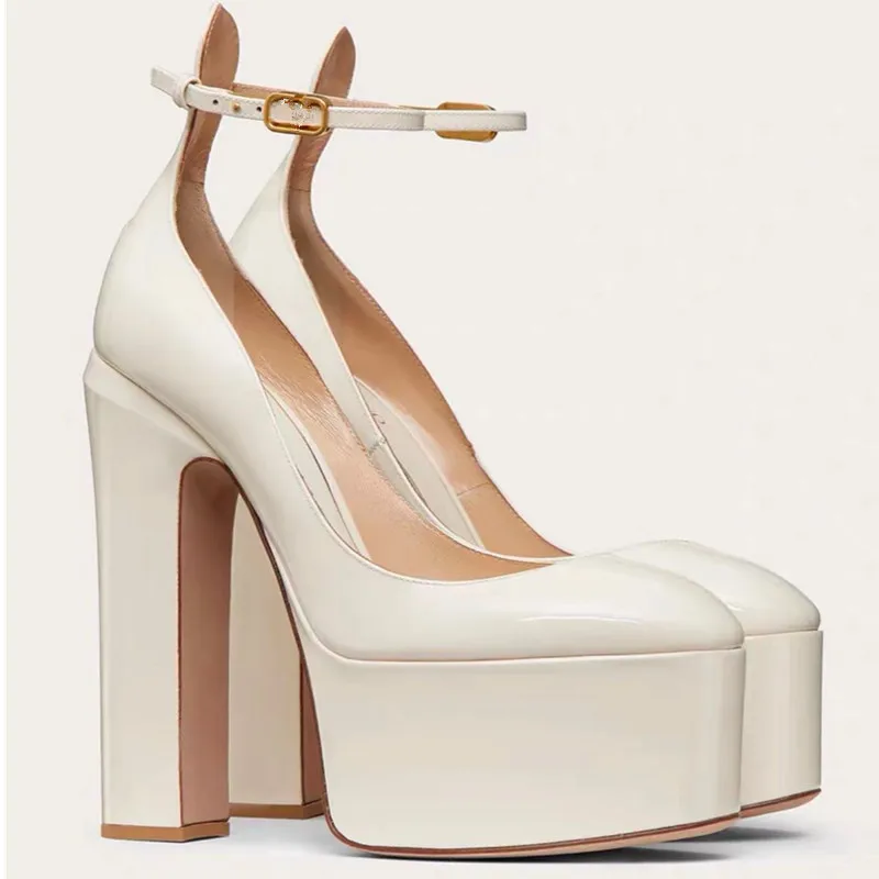 Women's Ultra-High Heels Fashion Sandals Thick Soled Patent Leather Round Head Buckle Shoes Banquet Temperament Candy Sandals