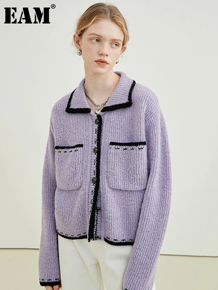 

[EAM] Purple Big Size Knitting Cardigan Sweater Loose Fit Lapel Long Sleeve Women New Fashion Tide Autumn Winter 2022 1DE3271