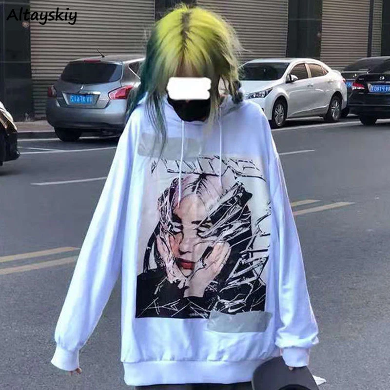 

Hoodies Women Autumn Long Sleeve Hooded Print Tops Students Harajuku Hip-pop BF Stylish Couples Loose Hoodie Cozy Chic All-match