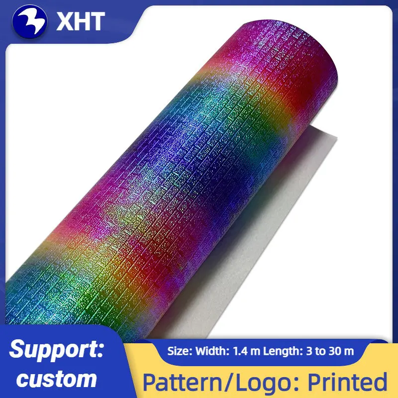 

30x135cm Geometric Pattern Rainbow Iridescent Design PU Embossed Leather Holographic Mirror Reflective Fabric For Bag/Handbag