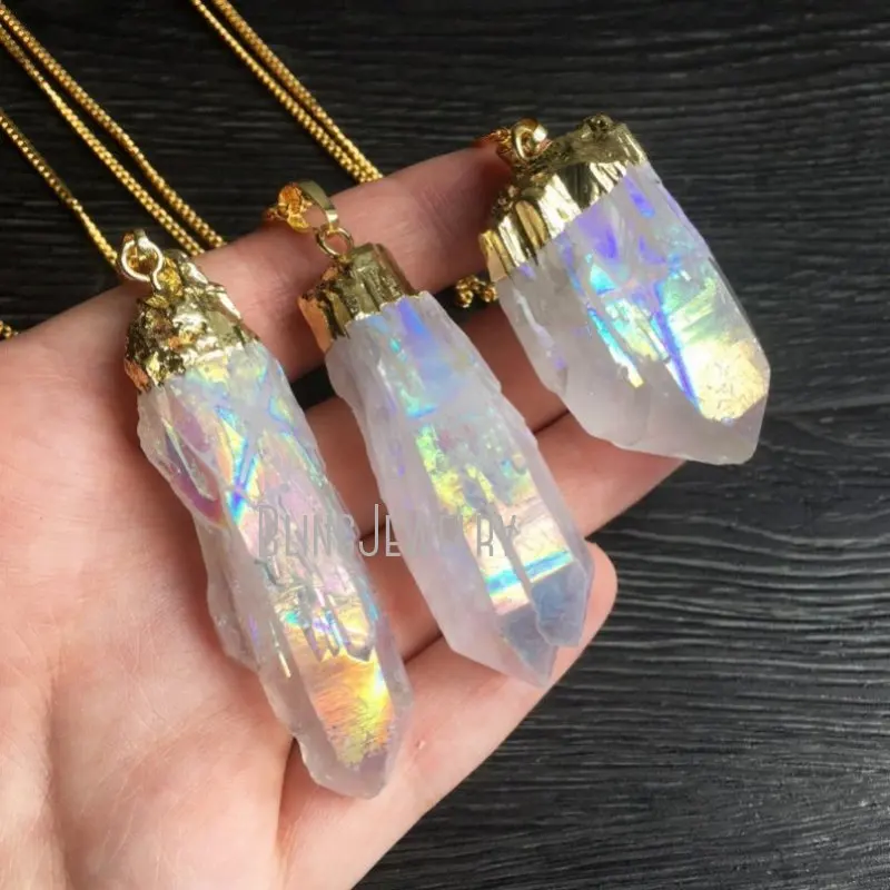 NM35249 Angel Aura Crystal Necklace Unicorn Quartz Cluster Crystal Point Druzy Natural Raw Rough Dipped Rainbow Necklace