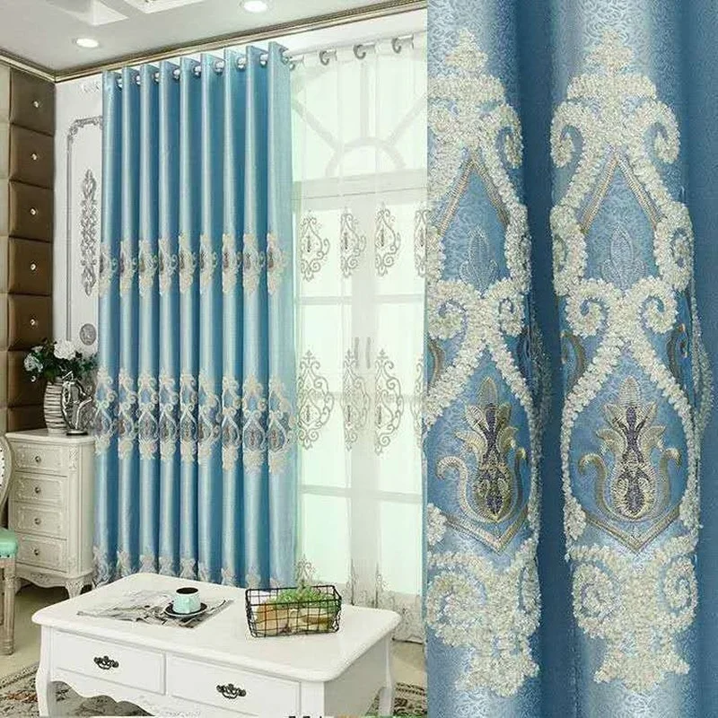 

Rose Jacquard Curtain Living Room Dining Room Bedroom Balcony European Embroidered Blackout Custom Blue Gray Pink Gauze Curtain