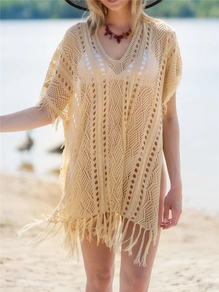 

Sexy Hole Cover-ups Summer Beach Dress for Women Holiday Fringe Swim Coverups 2022 Beige Tassel Fishnet Cover Ups Cape Tunic