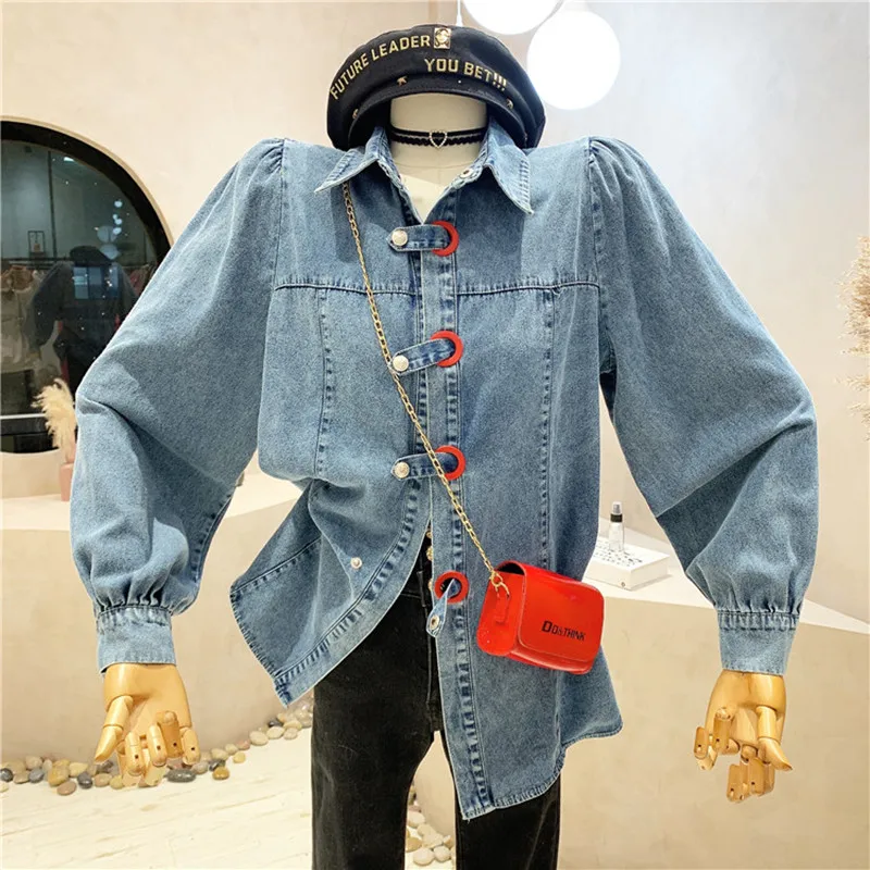 

New Women's Clothing 2022 Spring DDesign denim shirt fashion retro Puff sleeve top casual female blouses