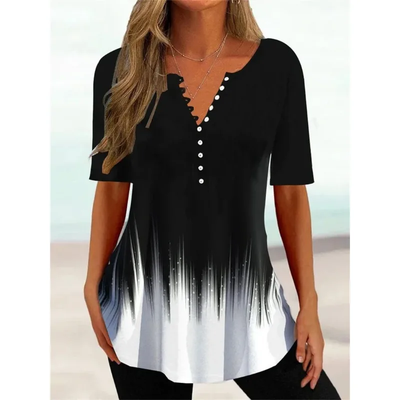 

Fashion Women T Shirt Stripes Print Gradient V Neck Short Sleeve Basic Tops Streetwear Summer Oversized Clothing Female T-Shirts