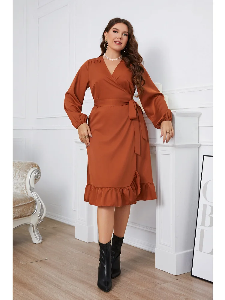Long Sleeve Large One Piece Waist Wrap Dress plus size women clothing  vestido feminino v neck dress