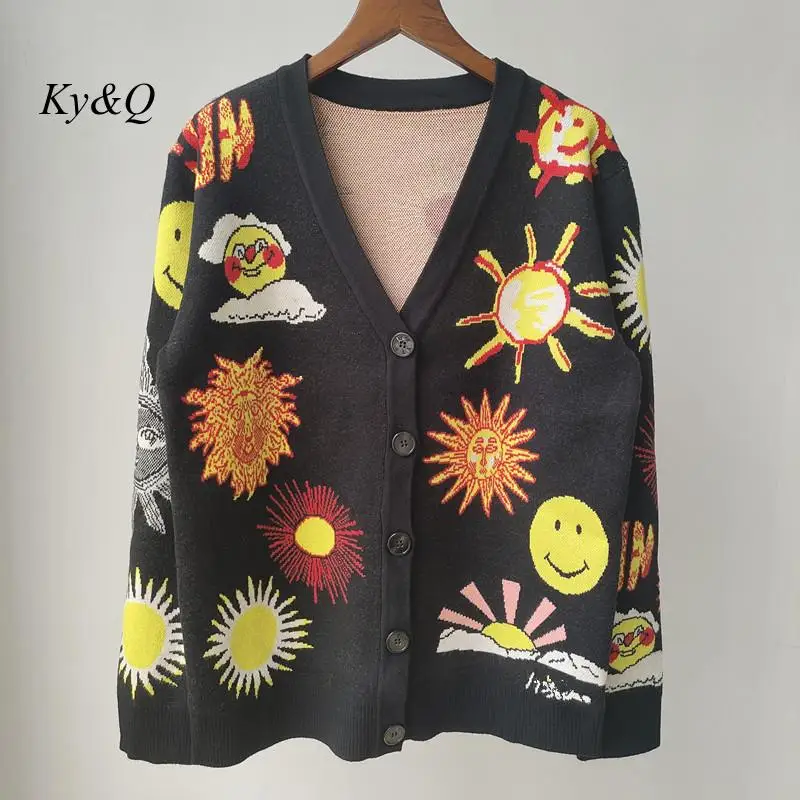 Sun Jacquard V-Neck Knitted Cardigan Women 2022 Autumn New Designer Long-Sleeved Loose Temperament Commuter Sweater