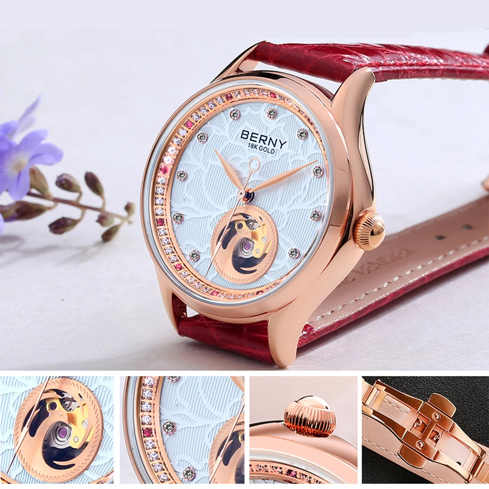 BERNY Mechanical Watch for Women Luxury 18K Gold Ladies Clock Sapphire Glass 72 Diamond 5ATM Skeleton Design Automatic Watch. enlarge