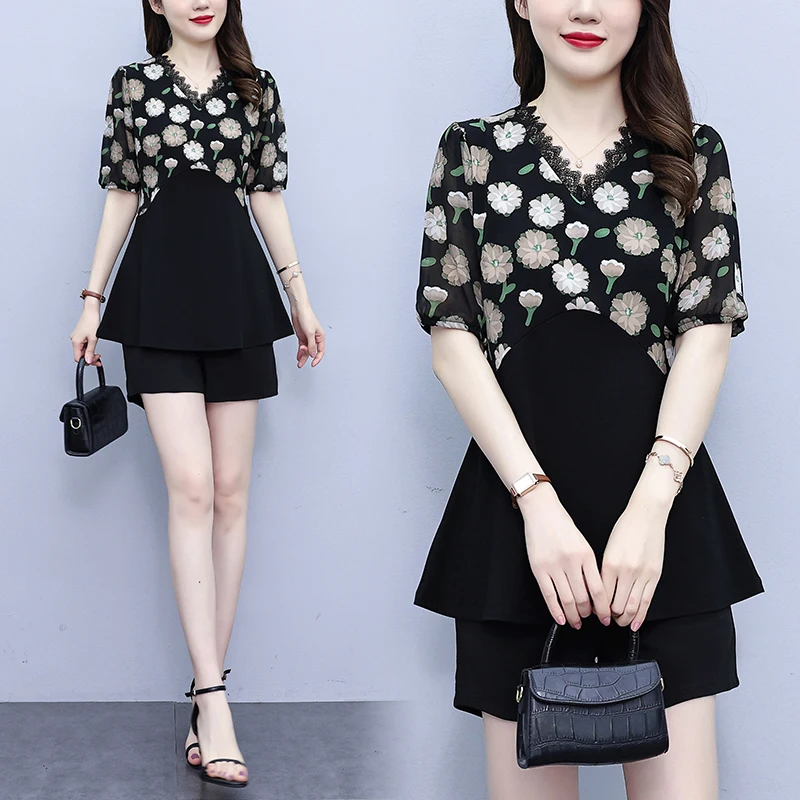 

Женский комплект из двух предметов, кружевной топ с V-образным вырезом и тонкой талией, с принтом в стиле пэчворк, большие размеры, лето 2023