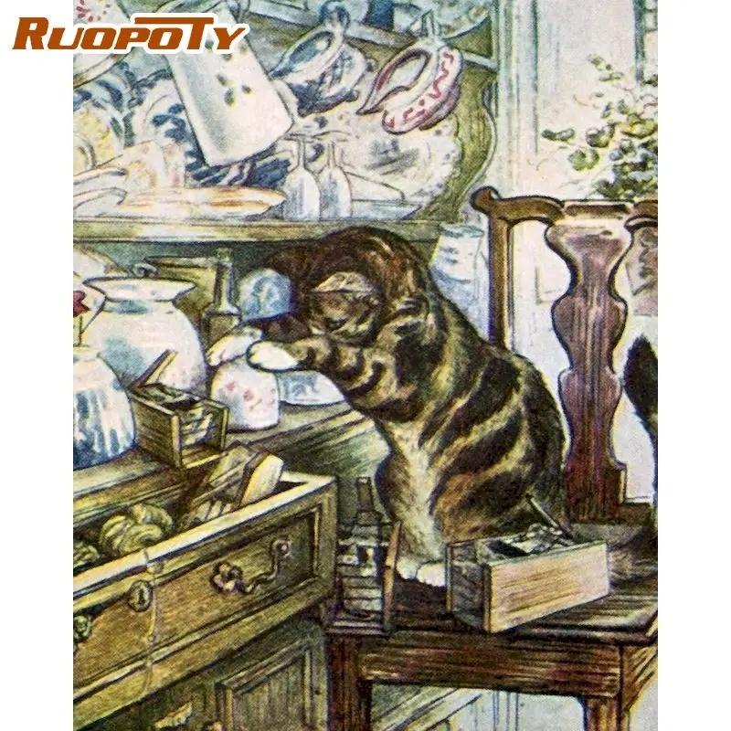 

RUOPOTY Paint By Numbers Kits Cat On Chair Animal Picture By Number Handmade DIY Gift 40x50 Framed On Canvas Home Decor Art