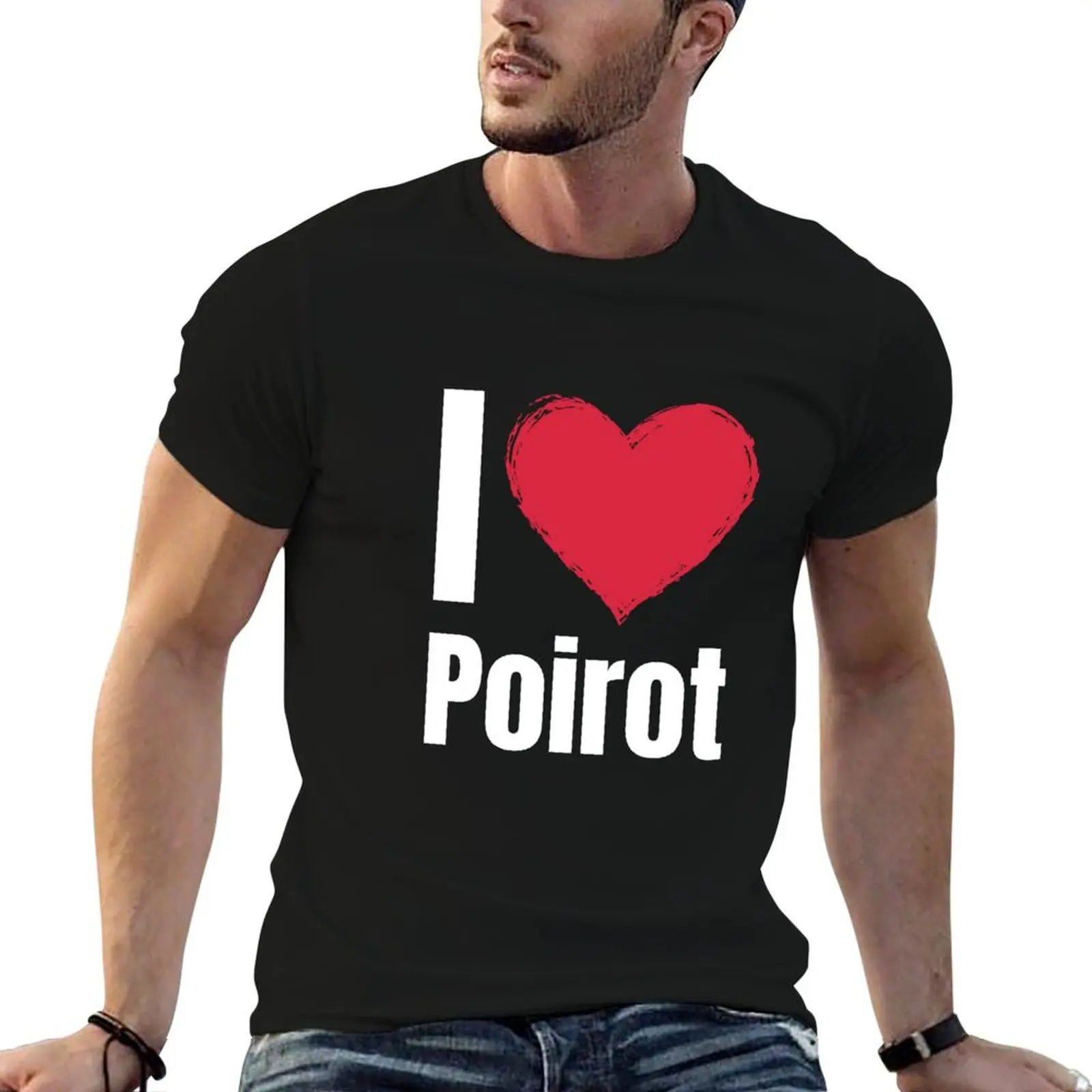 Фото Футболка I love Poirot, черная, хлопковая, однотонная, для мужчин, 100% хлопок, приталенный крой. №1