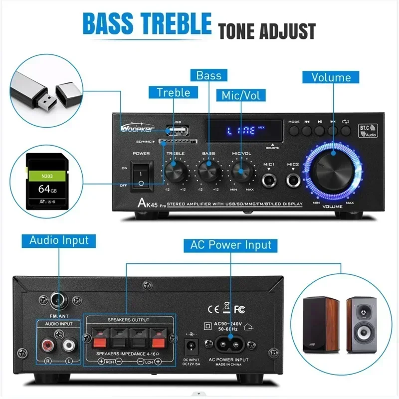 AK45 Pro HiFi цифровой усилитель максимальная мощность 820 Вт канал 2.0 Bluetooth объемный