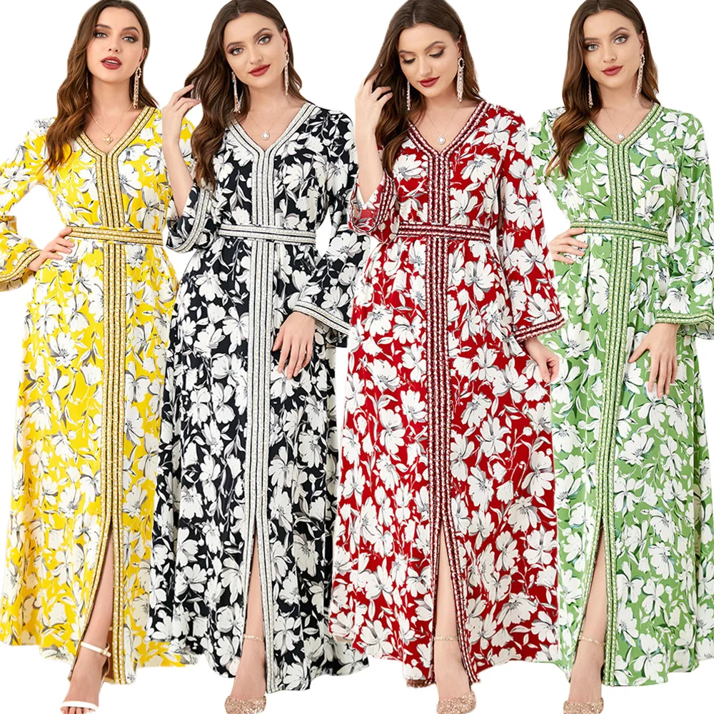 

Islamic Maxi Dresses Women Clothing Dubai Abaya Kaftan Turkish Muslim Print Floral V Neck Jalabiya Loose Dress Ramadan Eid Abaya