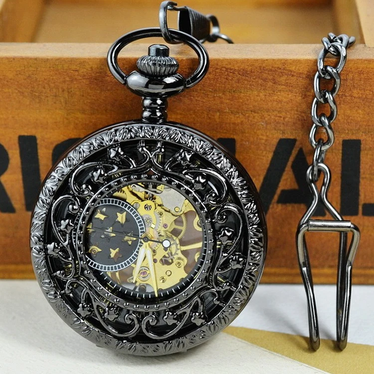 Luxury Mechanical Black Gold Pocket Watch for Men Women Skeleton Dial Roman Numeral Dial Fob Chain Pendant Clock for Collection
