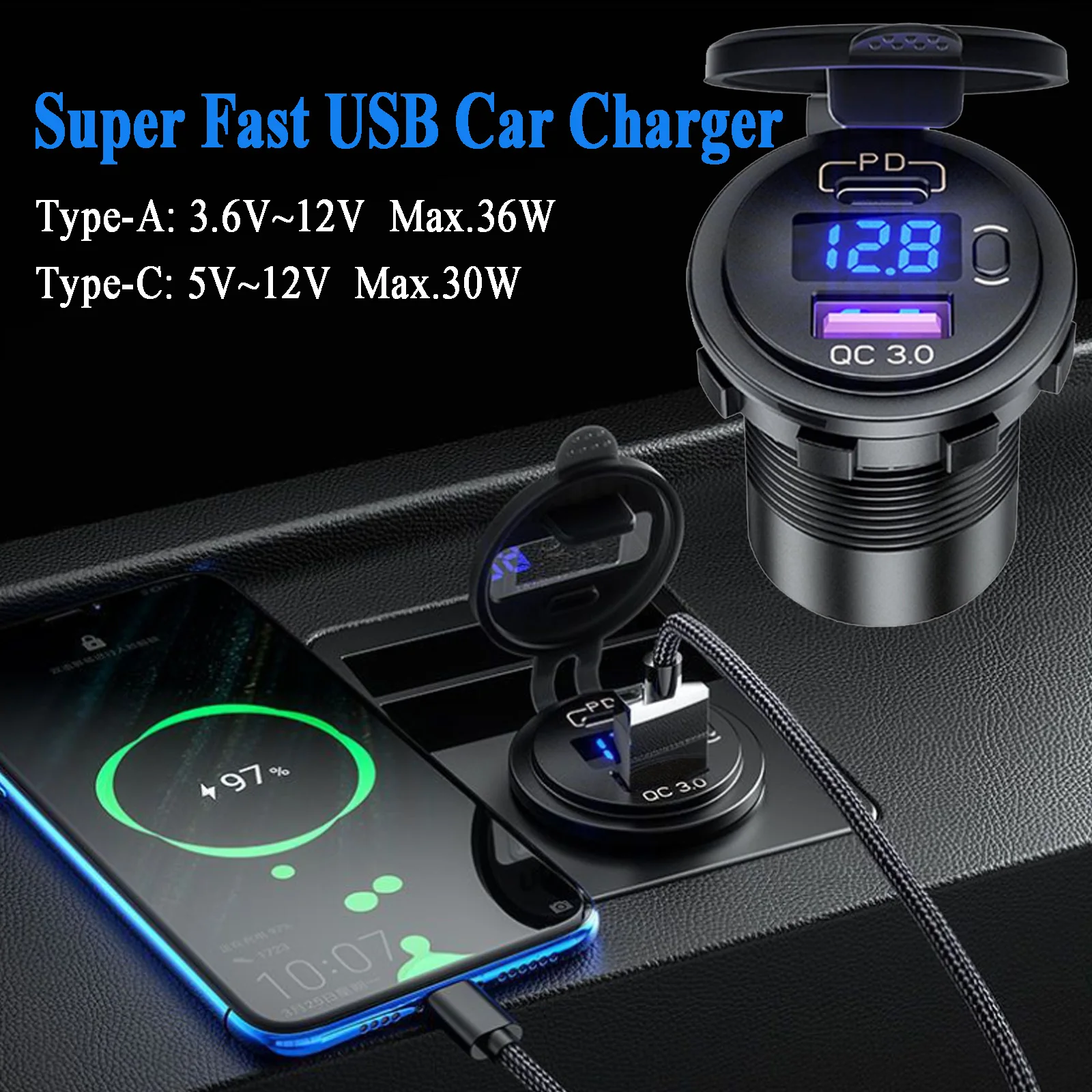 Быстрое зарядное устройство USB 12-24 в 66 Вт QC 3 0 и разъем PD Type C синий светодиодный