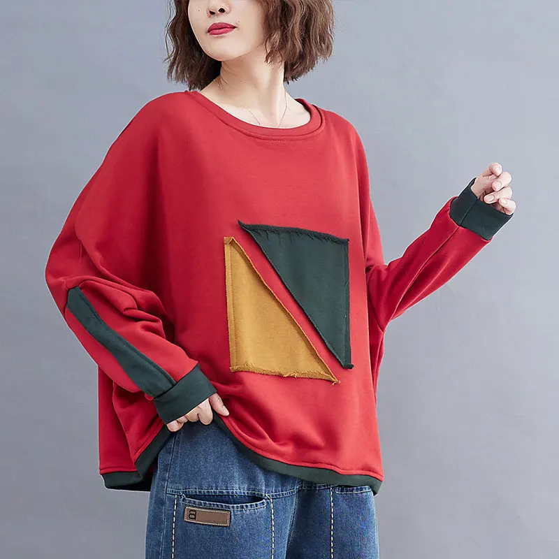 

2021 Spring Autumn New Arts Style Women Long Sleeve Loose Pullovers Patch Design Cotton O-neck Casual Hoodies Femme Tops V498