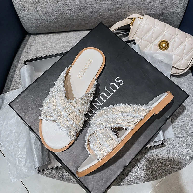 

2022 Summer Slippers Women Shoes Brand Design Luxury Pearls String Beading Houndstooth Slides Ladies Ins Cozy Casual Slippers