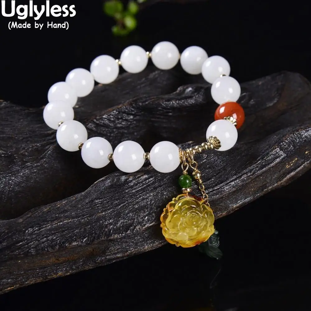 

Uglyless Elastic Rope Adjustable Beading Gemstones Bracelets for Women Natural Agate Jade Amber Bracelets 925 Silver Beads Jewel