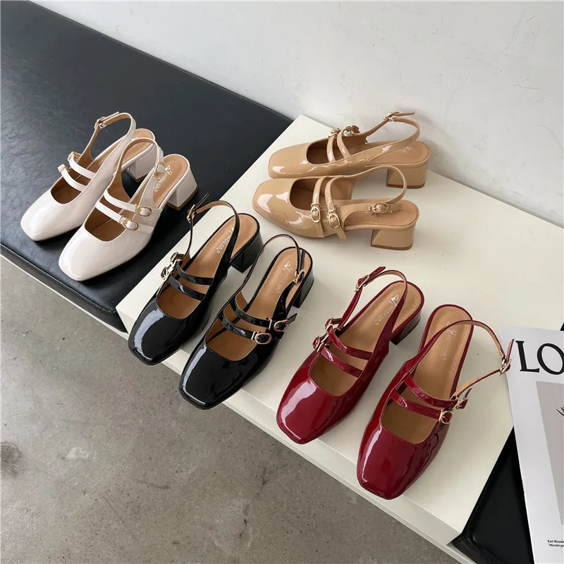 

Round Toe Women Sandals Patent Leather Summer Dress Shoes Thick Mid Heeled Back Strap 2022 New Arrivals Party Pumps Shoes 35-39